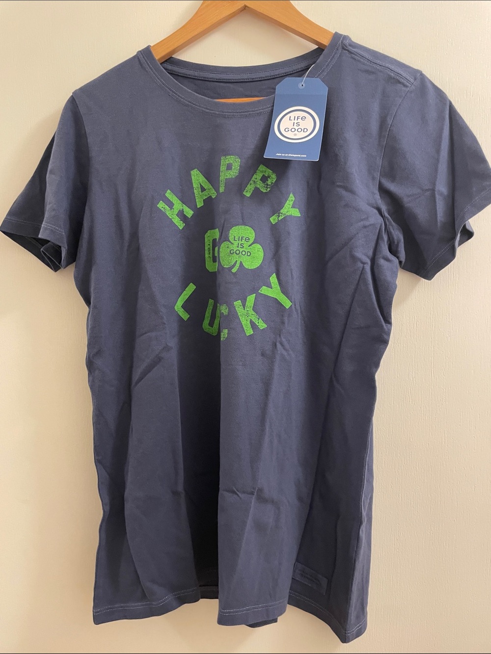Life Is Good Navy Short-Sleeve Tee with Bright Green 'Happy Lucky' Graphic